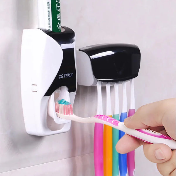 Wall-Mount Toothpaste Dispenser & Toothbrush Holder Set
